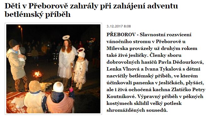 Děti v&nbsp;Přeborově zahrály při&nbsp;zahájení adventu betlémský příběh